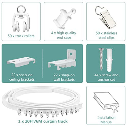 Ceiling Curtain Track, Flexible Bendable Curtain Track 20 Ft Curved Curtain Rail Ceiling Wall Mount Silding Ceiling Track Set System for Bay Window, Room Divider - color: White, size: 20Ft