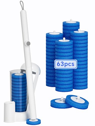Toilet Brush Kit, Disposable Toilet Bowl Cleaner Brush with Blue Replacement Heads, Press-Button Wand and Self-Closing Freestanding Holder (Toilet Brush + 63 Refills)