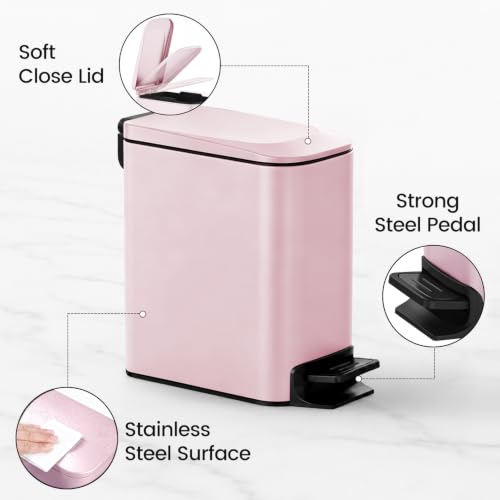 TIPGO Slim Bathroom Trash Can with Lid Soft Close, 6 Liter / 1.6 Gallon Stainless Steel Garbage with Removable Inner Bucket, Small Trash Bins for Bedroom, Office (Pink) - color: Pink