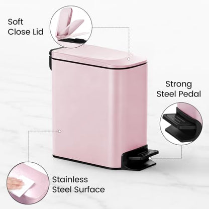 TIPGO Slim Bathroom Trash Can with Lid Soft Close, 6 Liter / 1.6 Gallon Stainless Steel Garbage with Removable Inner Bucket, Small Trash Bins for Bedroom, Office (Pink) - color: Pink