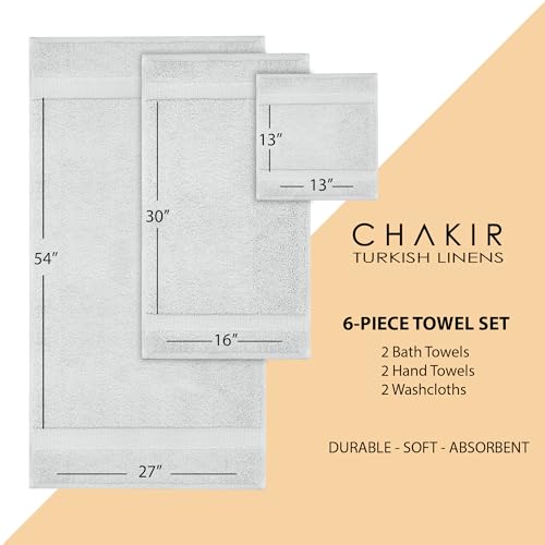Chakir Turkish Linens 6 Piece Towels Set, 100% Cotton Luxury Turkish Towels for Bathroom, Soft Absorbent Bath Towel Set with 2 Bath Towels 2 Hand Towels 2 Washcloths, Silver Gray - color: Silver Gray