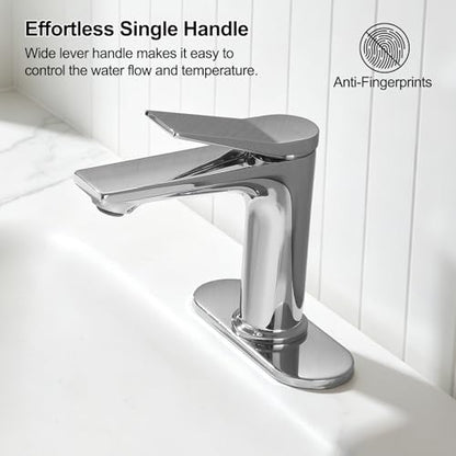 Rbrohant Single Hole Bathroom Faucet, Polished Chrome Single Handle Bathroom Sink Faucets for 1 Hole,Bathroom Vanity Faucet with Pop up Drain and Cover Plate, Deck Mount, R2001-PCP - color: Polished Chrome, style: With Escutcheon