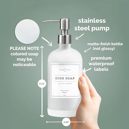 Vine Creations White Glass Soap Dispenser, 2 Pack Kitchen Soap Dispenser Set with Stainless Steel Pump, 16 oz Dish Soap and Hand Soap Dispensers for Bathroom with Waterproof Labels - color: Matte White Bottle / Silver Pump