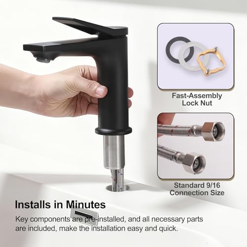 Rbrohant Single Hole Bathroom Faucet, Matte Black Single Handle Bathroom Sink Faucets for 1 Hole, Bathroom Vanity Faucet with Pop up Drain, Deck Mount, R2001-MB - color: Matte Black, style: No Escutcheon