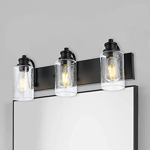 3 Lights Black Vanity Light Fixtures Over Mirror with Seedy Glass Shade,Industrial Wall Mount Lamp Metal Bathroom Lighting - color: Seedy Glass, size: 3 Light