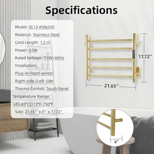 P&Dlusir EL13 Heated Towel Rack, Brushed Gold, 5 Bar | Fast Heat in 2 Min, Smart Timer, Thermo Control, Memory Functoion, Stainless Steel, Hard-Wired/Plug-in - color: Brushed Gold, size: 21.65"W x 17.72"H