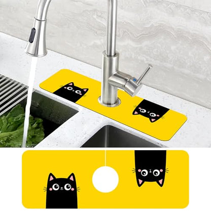 Cute Black Cat Head Kitchen Sink Splash Guard Mat Absorbent Fast Drying Mat Faucet Draining Mat Sink Splash Guard Behind Faucet Drip Catcher for Kitchen Bathroom 5.5"×15" - size: 5.5" x 5.5"