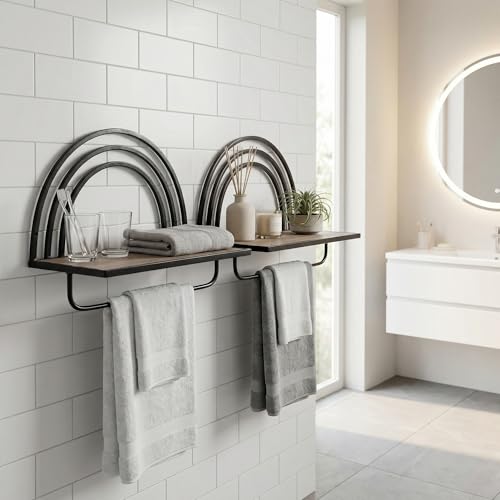 Oakrain Black Wall Shelf with Arched Metal Frame, Set of 2, 13"&16" | Rustic Wood Floating Shelves, Farmhouse Towel Rack for Bathroom, Entryway, Living Room, Bedroom - color: Black