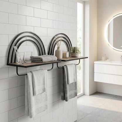 Oakrain Black Wall Shelf with Arched Metal Frame, Set of 2, 13"&16" | Rustic Wood Floating Shelves, Farmhouse Towel Rack for Bathroom, Entryway, Living Room, Bedroom - color: Black