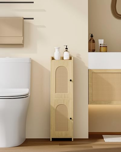 Hzuaneri Bathroom Storage Cabinet, Small Corner Floor Cabinet with 2 Doors | Narrow Toilet Paper Cabinets with Adjustable Shelf, Bathroom Organizer for Small Spaces, 7.9"D x 7.9"W x 29.5"H Rattan Yellow - color: Rattan Yellow, size: 7.9"D x 7.9"W x 29.5"H