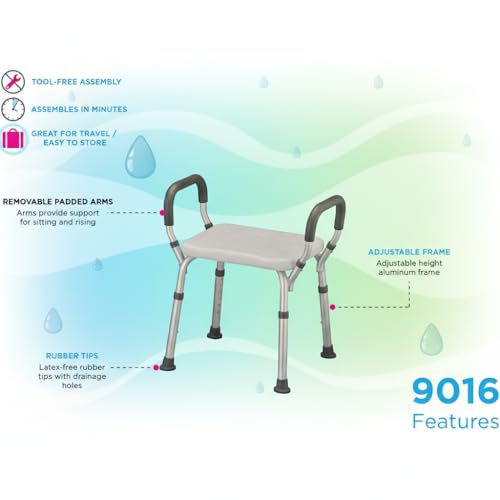 NOVA Bath & Shower Seat with Padded/Removable Arms - for Seniors, Handicap & Medical Use, Adjustable Height, Aluminum Frame, Non-Skid Safety, Tool-Free Assembly, 300lb Capacity