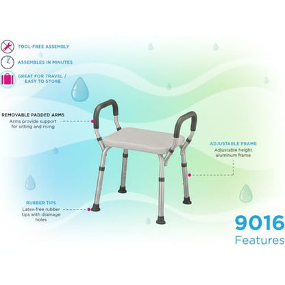 NOVA Bath & Shower Seat with Padded/Removable Arms - for Seniors, Handicap & Medical Use, Adjustable Height, Aluminum Frame, Non-Skid Safety, Tool-Free Assembly, 300lb Capacity