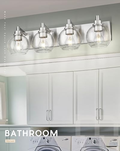 4-Light Brushed Nickel Bathroom Vanity Light, Clear Glass Globes | 26" modern bathroom light fixtures over mirror, E26 base, bulbs not included, VL195-BN-CL-4 - color: Brushed Nickel, Clear Glass, size: 4-light