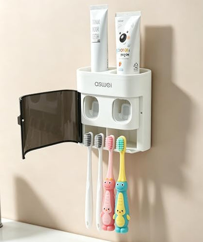 Wall Mounted Toothbrush Holders with Covers for Bathroom,2 Toothpaste Squeezer for Kids and Aldults，Toothpaste Dispenser，Holds 4 Toothbrushes