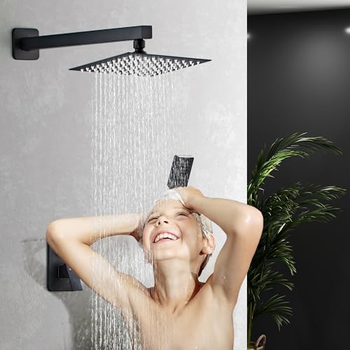 Shower Head Matte Black, Shower Faucet Set Bathroom Shower System with 8 inch Square Rain Shower Head Wall Mounted with 3-Setting Handheld Spray, Rainfall Shower Combo Set - color: Matte Black, style: 8 Inch With 3-Setting