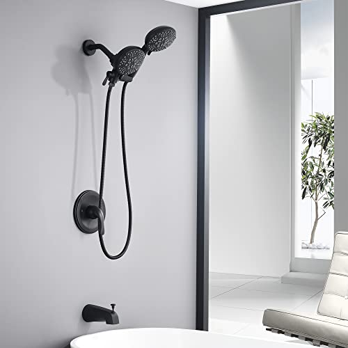 Black Shower Faucet Set with Tub Spout - Tub and Shower Faucet Combo| Dual 2 in 1 Shower System with Handheld Showerhead 3-way Water Diverter Shower Trim Kit(Pressure Balancing Valve Included)