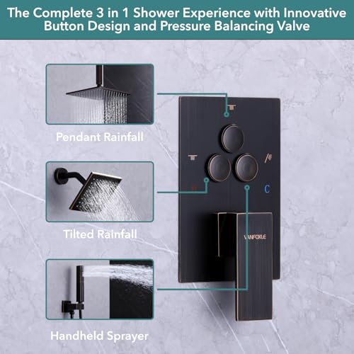 VANFOXLE Shower Faucet Set Oil Rubbed Bronze Modern Shower System | Push Button Diverter, 12 Inch Ceiling Mount Rain Head Increased Thick, 6 Inch Side Head, 2-in-1 Handheld Sprayer - color: Oil Rubbed Bronze, style: 12"+6" Head