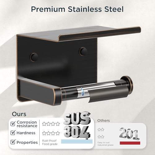 FORIOUS Toilet Paper Holder with Shelf, Adhesive or Screw,Oil Rubbed Bronze | Wall Mount Toilet Paper Roll Holder for Bathroom, Stainless Steel Commercial Toilet Tissue Roll Dispenser with Phone Shelf - color: Oil Rubbed Bronze