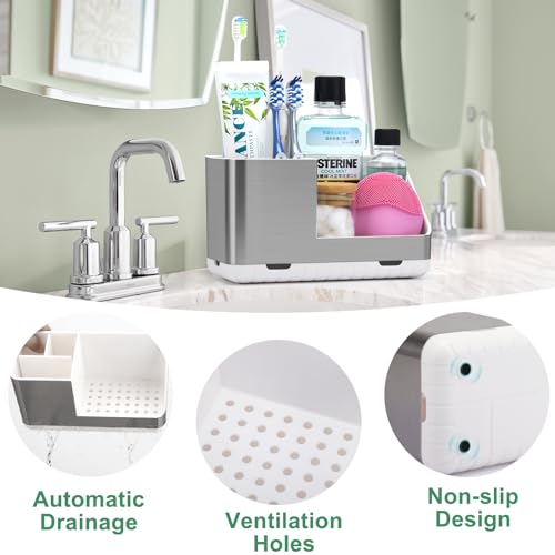 Toothbrush Holders for Bathroom Countertop Organizer (Brushed Silver Grain) | Easy To Clean, Drainage, Non-Slip, Detachable, Kids Electric Toothbrush and Toothpaste Holder for Bathrooms - color: Brushed Silver
