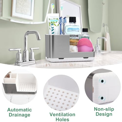 Toothbrush Holders for Bathroom Countertop Organizer (Brushed Silver Grain) | Easy To Clean, Drainage, Non-Slip, Detachable, Kids Electric Toothbrush and Toothpaste Holder for Bathrooms - color: Brushed Silver