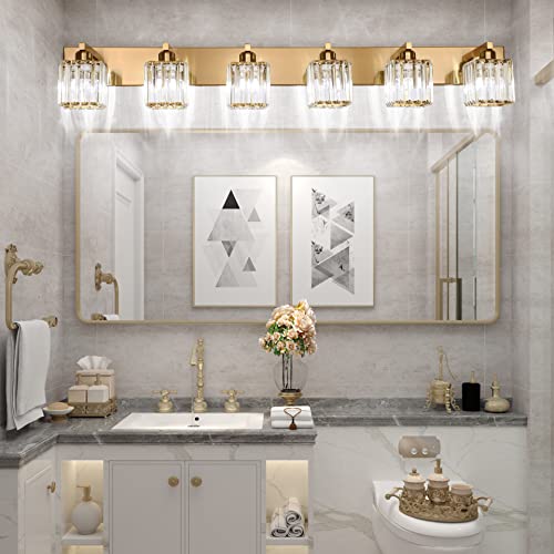 Aipsun Bathroom Vanity Light Brass Crystal Vanity Lighting Fixtures 6 Light Modern Bathroom Lighting Fixtures (Exclude Bulb) - color: Gold, size: 49 inch