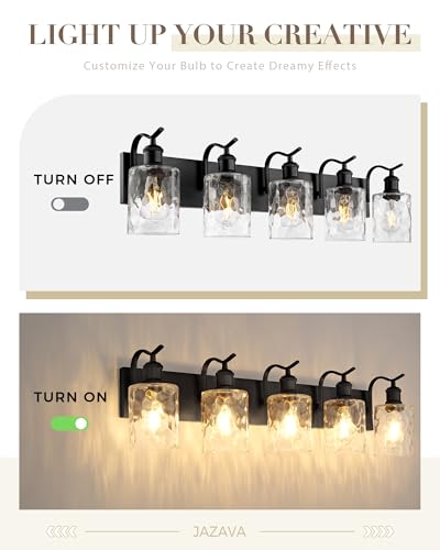 Bathroom Vanity Light Fixtures 5-Light Hammered Glass Modern Wall Mounted Over Mirror Black - VL01BKH-5 - color: Black & Hammered Glass, size: 5 LIGHT