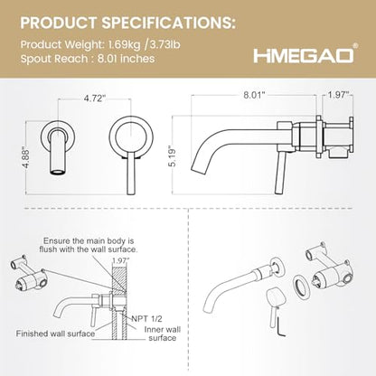 Wall Mount Bathroom Faucet Brushed Gold Bathroom Faucet Bathroom Sink Faucet with Single Handle and Rough in Valve Included - color: Brushed Gold