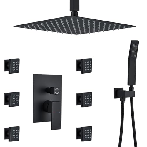 Rain Shower System With Complete 6 Pcs Body Sprays Jets And Pressured Balance Rough-in Valve,12Inch Rainfall Shower Head And Handheld, Modern Matte Black Ceiling Mount Shower Faucets Sets - color: Matte Black, style: Ceiling-Mount 6 Jets