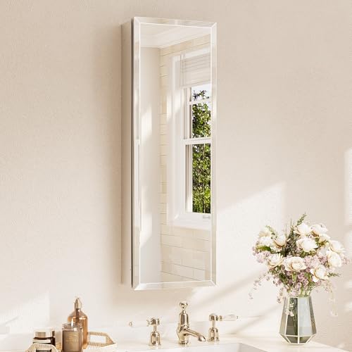 TETOTE 12 x 36 Bathroom Vanity Mirror Cabinet with Tempered Beveled MirrorSilverMedicine Cabinet Aluminum Cabinet DTC Hinges, Stepless Adjustable Shelves, Recessed/Surface-Mounted - color: Silver, size: 36"L x 12"W