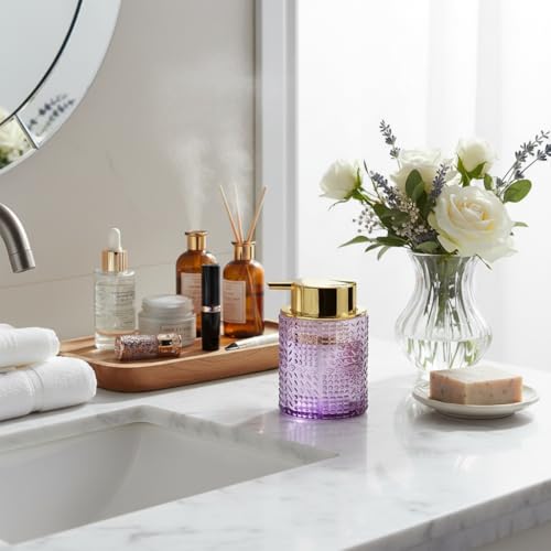 Foaming Soap Dispenser, Purple Glass Foam Soap Dispenser with Gold Pump, Refillable 10oz Lotion Liquid Container Pump Bottle for Bathroom Kitchen Countertop - color: Purple