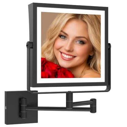 Ruacq Wall Mounted Makeup Mirror with Lights 1X/10X Dual Sided Matte Black | 8",4000mAh Rechargeable,Magnification,3 Color,Touch Screen Dimmable,360° Rotation Extension Foldable Arm, Square, Women Gift - color: Matte Black