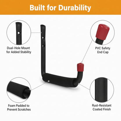 6 Pack Garage Hooks Heavy Duty, Utility Steel Hooks with EVA Foam Padding, 4.64inch Wall Mount J Organizer Hanger for Hanging Bikes Kayak Garden Tool Hose Bike Shelf