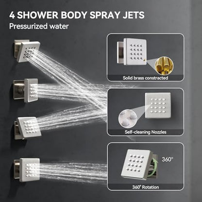 Shower System with Body Jets, Bostingner Four Modes Shower Faucet 12+6" Rain Shower Head with Handheld Spray 2 Ways, 4Pcs Shower Jets System in Wall Shower Faucet Sets Complete,Brushed Nickel - color: Brushed Nickel, size: 6+12 inch-02