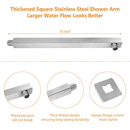 Shower Head with Extension Arm, High Pressure Square with ShowerArm, Stainless Steel Rainfall-Waterfall Full Body Coverage (12'' Shower with 16'' Arm, Brushed Nickel) - color: Brushed Nickel, size: 12'' Shower with 16'' Arm