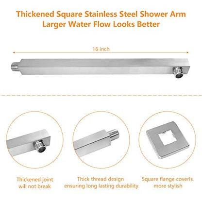 Shower Head with Extension Arm, High Pressure Square with ShowerArm, Stainless Steel Rainfall-Waterfall Full Body Coverage (12'' Shower with 16'' Arm, Brushed Nickel) - color: Brushed Nickel, size: 12'' Shower with 16'' Arm