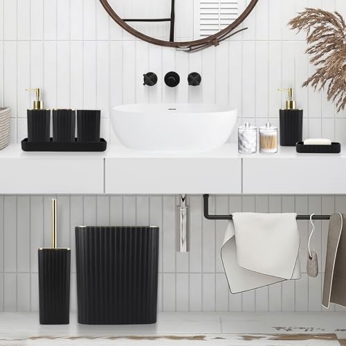XLHOMO Bathroom Accessories Set - Gorgeous Black Bathroom Set, 10PC Bathroom Accessory Set, Toilet Brush, Trash Can, Qtip Holder & Soap Dispenser - size: Bath Set, style: Black&Gold