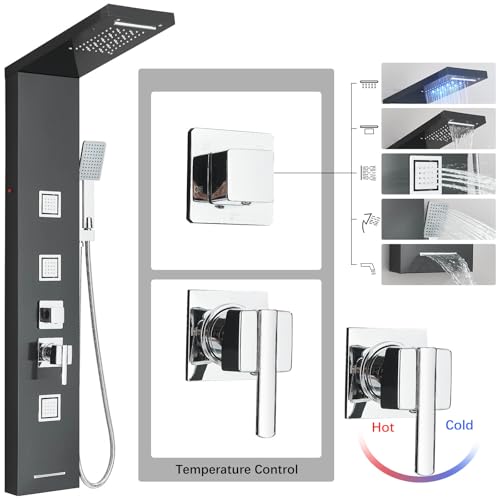 AlenArt Stainless Steel LED Shower Panel Tower System, Bathroom 5-Function Shower Panel Tower with LED Rainfall Waterfall Shower Head, Massage Jets, Tub Spout, Handheld Shower, Black-8126 - color: Black-8126