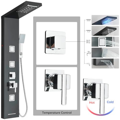 AlenArt Stainless Steel LED Shower Panel Tower System, Bathroom 5-Function Shower Panel Tower with LED Rainfall Waterfall Shower Head, Massage Jets, Tub Spout, Handheld Shower, Black-8126 - color: Black-8126