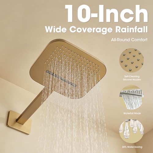 TRUSTMI 10" Shower System with Thermostatic Valve, Rainfall, Brushed Gold | Solid brass system with push-button diverter for waterfall and handheld spray. Anti-scald safety lock protects the family - color: Brushed Gold