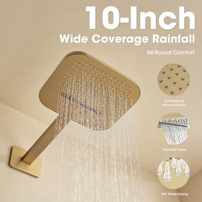 TRUSTMI 10" Shower System with Thermostatic Valve, Rainfall, Brushed Gold | Solid brass system with push-button diverter for waterfall and handheld spray. Anti-scald safety lock protects the family - color: Brushed Gold