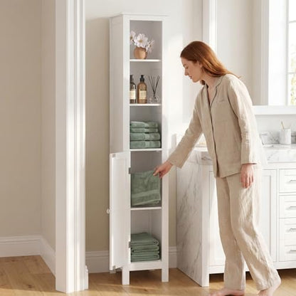 66.9" White Tall Bathroom Storage Cabinet, Slim Freestanding Narrow Linen Tower with 1 Door, Adjustable Shelves, Open Compartments & Anti-Tip Design for Small Spaces, Bathroom, Living Room