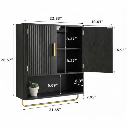 Bathroom Wall Cabinet, Medicine Cabinet with Fluted Door & Adjustable Shelf | Over The Toilet Storage Cabinet with Towel Bar, Space-Saving Cabinet Wall Mount for Laundry Room, Kitchen, Living Room - color: Black