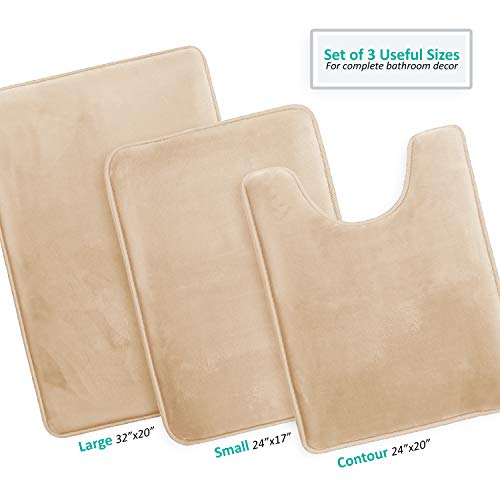 Clara Clark 3 Piece Bathroom Rugs Bath Mat Set, Velvet Memory Foam Bath Mats for Bathroom - Non-Slip, PVC Backing Bath Rugs, Washable - Dries Quickly, Beige - color: Cream