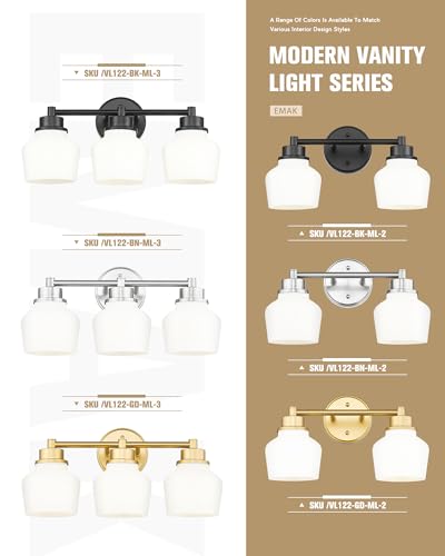 Emak Brushed Nickel Vanity Lights, Modern Milk Glass Bathroom Light Fixtures, 3-Light Bathroom Vanity Light Over Mirror, VL122-BN-ML-3 - color: Brushed Nickel & White Glass, size: 3 Light