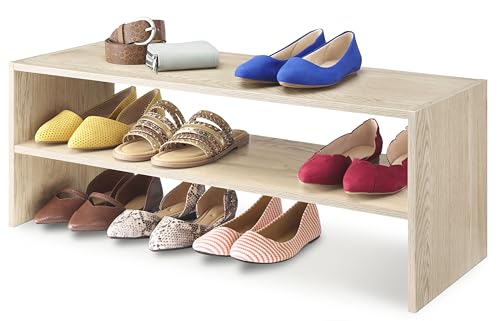 Whitmor Wood Stackable 2-Shelf Shoe Rack, White Oak, 31 inches - color: Light Brown, size: 31 INCH