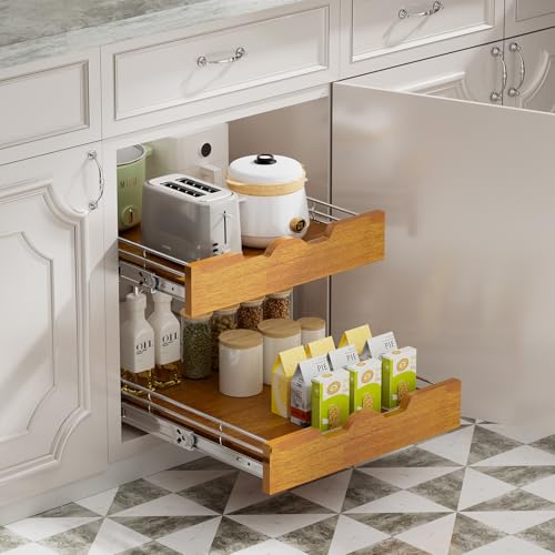 DINDON 2 Tier Pull Out Cabinet Organizer (20" W x 21" D) Slide Out Wood Shelf Double Tier Kitchen Wire Basket with Chrome Finish… - size: 20'' W X 21'' D