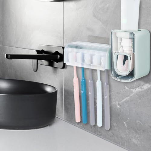 5 Slots Wall Mount Toothbrush Holder with Cover, Self Adhesive Toothbrush Storage Organizer for Shower, Toothbrush Hanger with Automatic Toothpaste Squeezer Dispenser (Blue) - color: Blue Combination