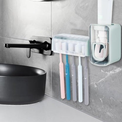 5 Slots Wall Mount Toothbrush Holder with Cover, Self Adhesive Toothbrush Storage Organizer for Shower, Toothbrush Hanger with Automatic Toothpaste Squeezer Dispenser (Blue) - color: Blue Combination
