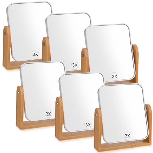 6 Pack Bridesmaid Gifts Double Sided Makeup Mirror, Wedding Favors 1X/3X Magnifying Vanity Mirrors with Bamboo Stand, 360 Degree Swivel Portable Tabletop Mirror for Women Bridal Shower