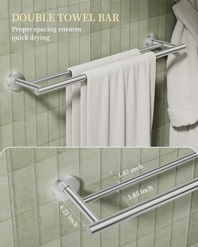 Chrome Bathroom Hardware Accessories Set 5 pcs Double Towel Holder Bar Set | 24 inches Stainless Steel Towel Bar, Towel Racks for Bathroom Robe Towel Hooks Toilet Paper Holder Wall Mounted by BATHLAVISH - color: Polished Chrome